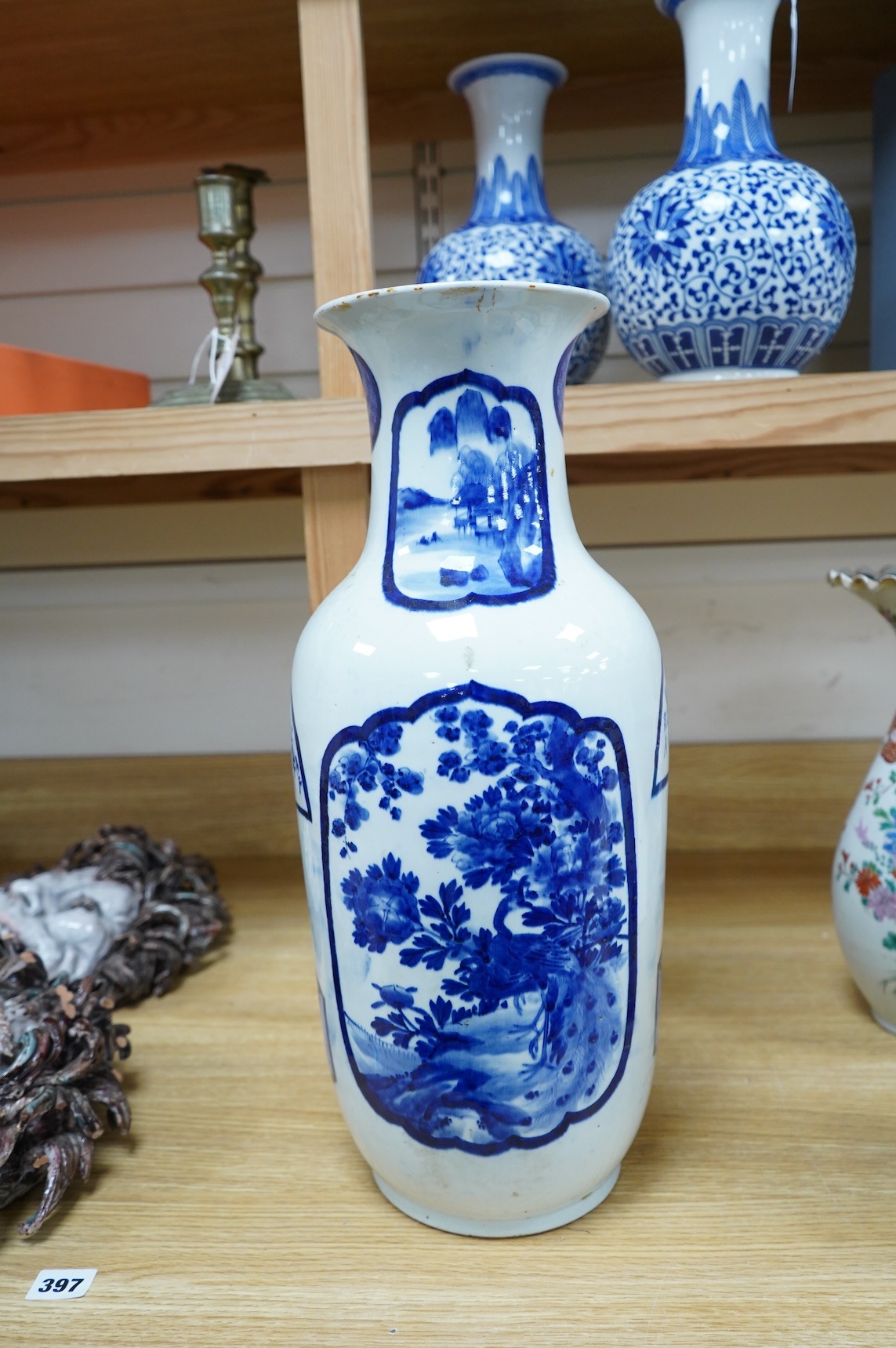 A Japanese blue & white vase, Meiji period, signed (later lamp mount), 49.5cm high